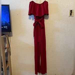 Bright Red Off The Shoulder Belted Jumpsuit w/ Wide Leg & Ruffle - One Piece